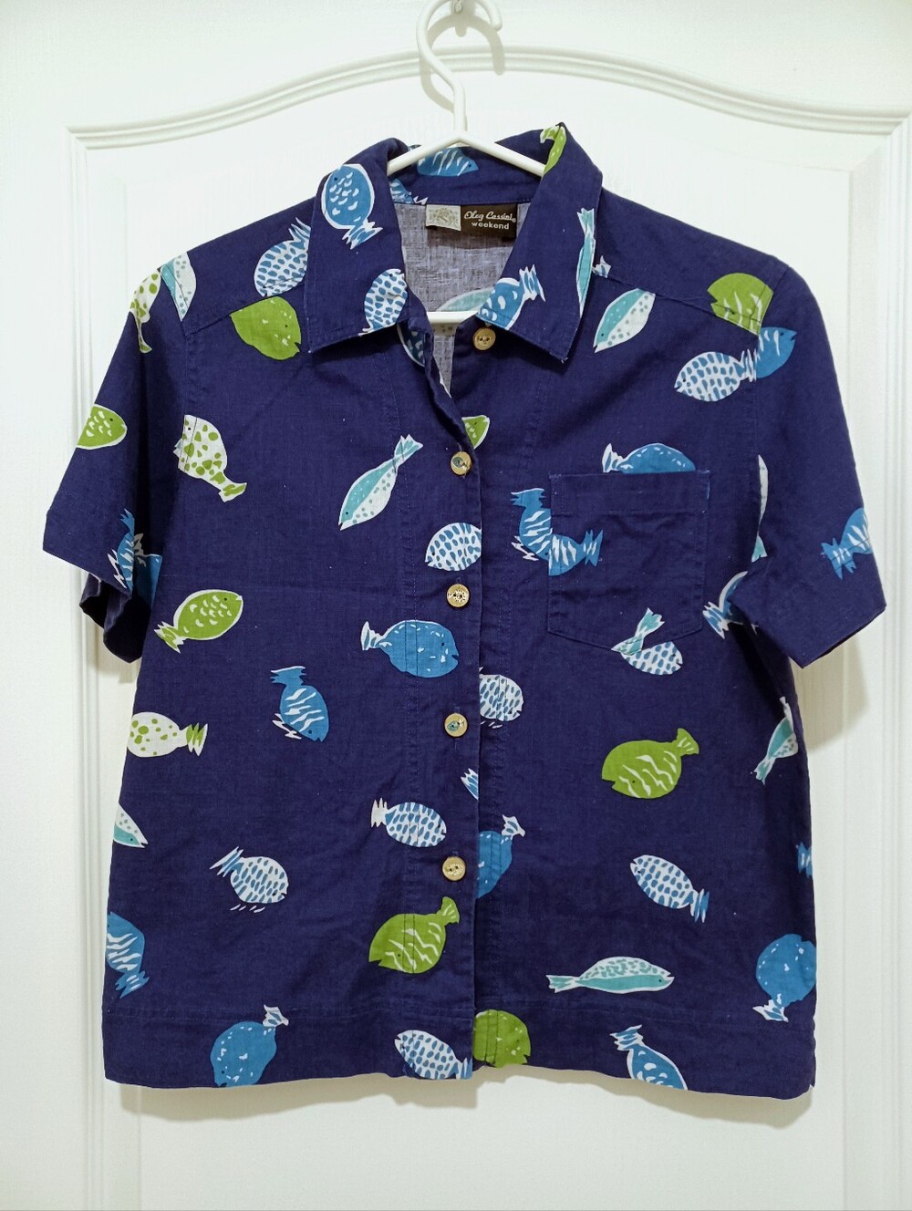 Oleg Cassini Weekend Navy Shirt with Blue & Green Fish Print